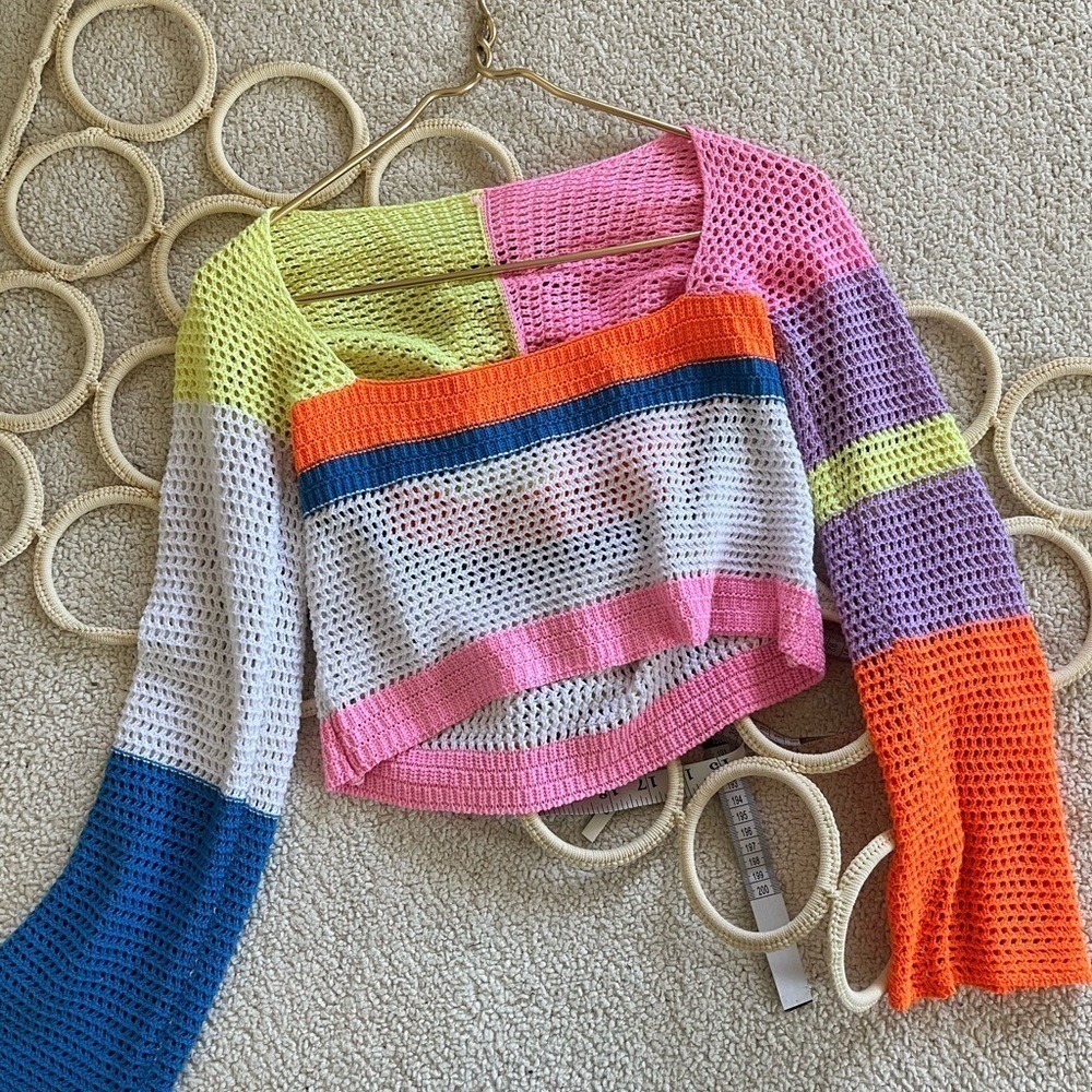 Multicolor Crochet Knit Colorblock Crop Top Square Neck Long Sleeve Small - Picture 2 of 9